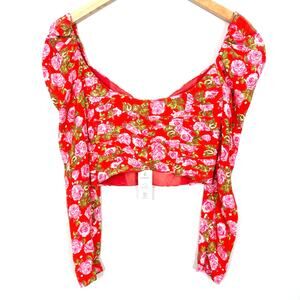 NWT Zara Red Floral Puff Long Sleeve Sweetheart Crop Blouse XS